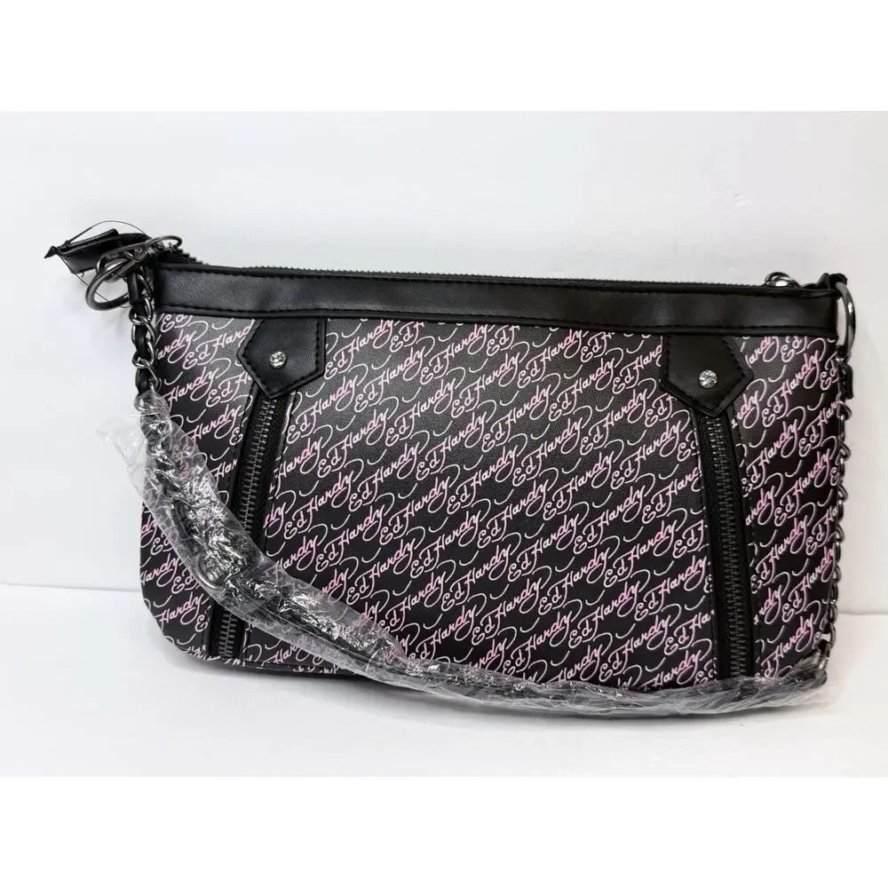 Ed Hardy Shoulder Bag Black Pink Skull Flames Tattoo & Rhinestons0